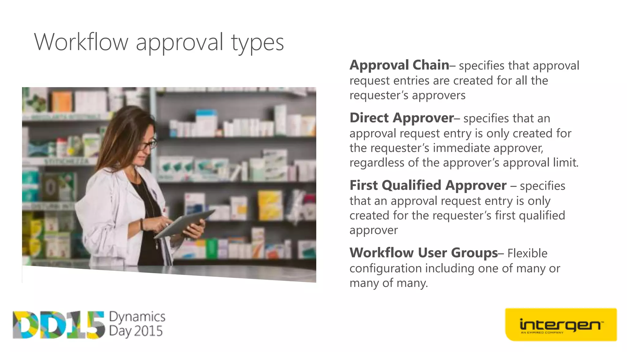 Workflow approval types
Approval Chain– specifies that approval
request entries are created for all the
requester’s approvers
Direct Approver– specifies that an
approval request entry is only created for
the requester’s immediate approver,
regardless of the approver’s approval limit.
First Qualified Approver – specifies
that an approval request entry is only
created for the requester’s first qualified
approver
Workflow User Groups– Flexible
configuration including one of many or
many of many.
 