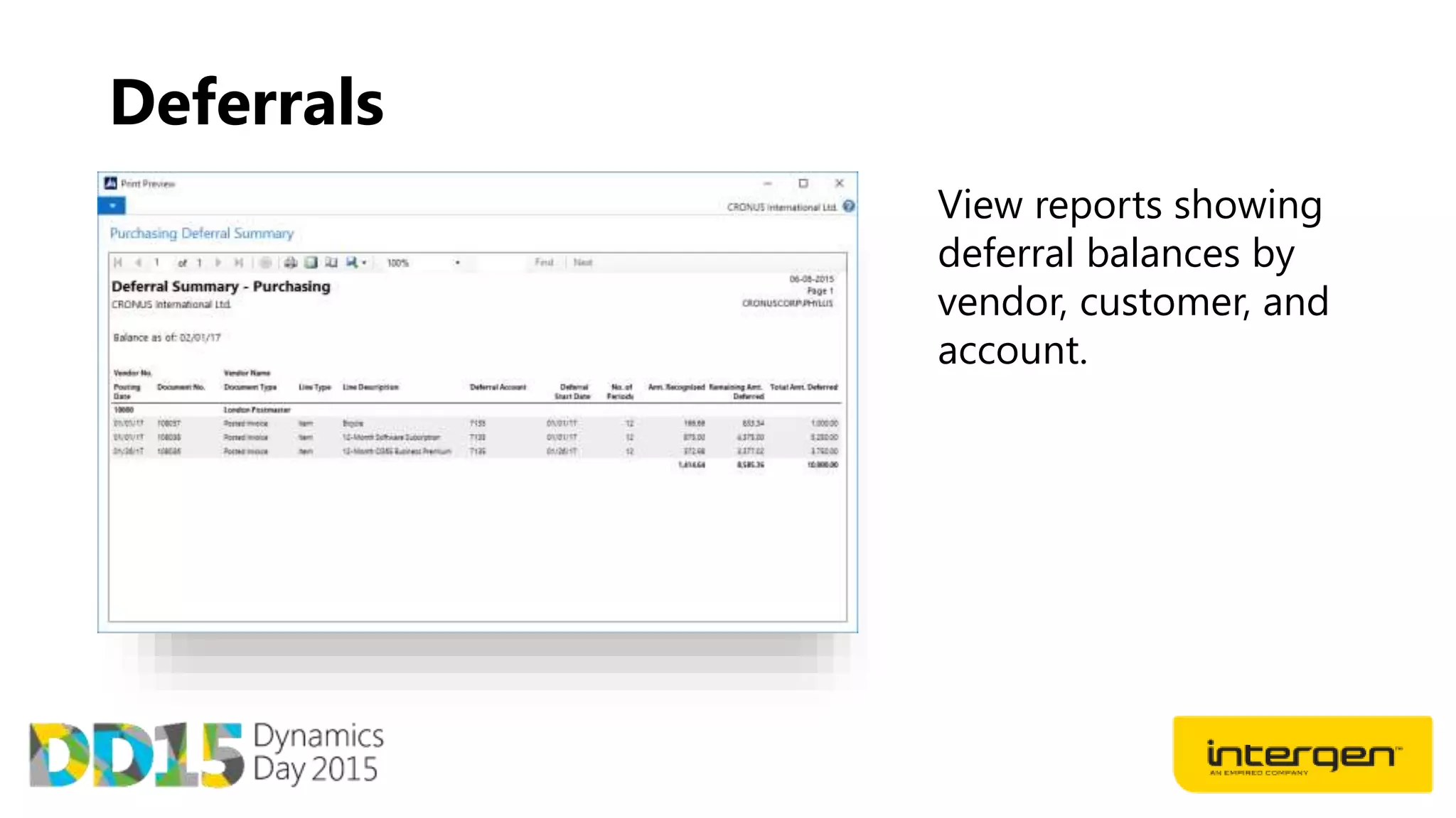 Deferrals
View reports showing
deferral balances by
vendor, customer, and
account.
 