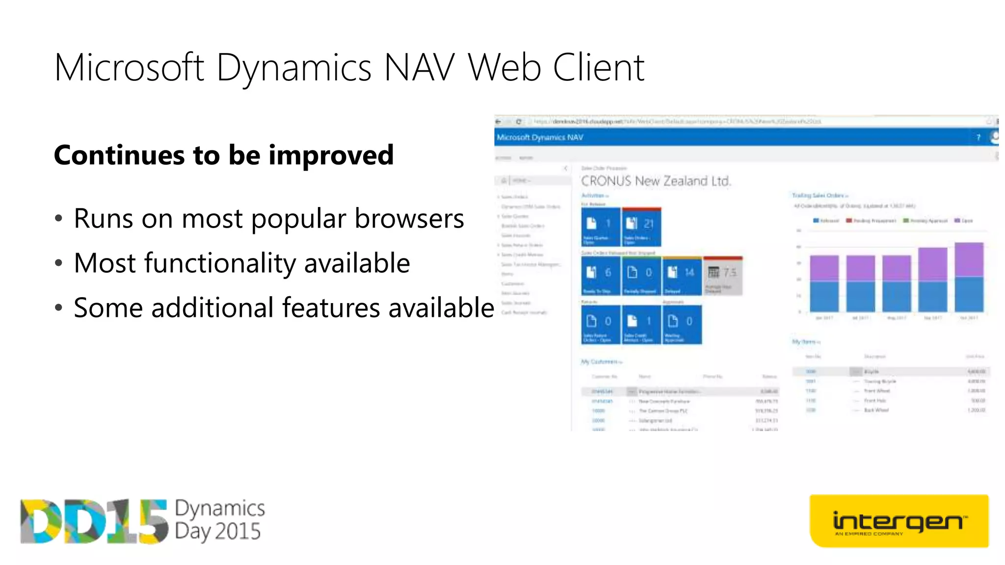 Continues to be improved
Microsoft Dynamics NAV Web Client
• Runs on most popular browsers
• Most functionality available
• Some additional features available
 
