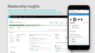 Spend more time selling with automated data capture of
customer communication across Dynamics 365 and Office 365
Relationship Insights
 