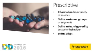 Prescriptive
• Information from variety
of sources
• Define customer groups
or segments
• Define rules, triggered by
customer behaviour
• Learn, adapt
 