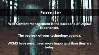 Forrester
Web Content Management is the backbone of Digital
Experiences.
The bedrock of your technology agenda.
WCMS have never been more important than they are
today.
 