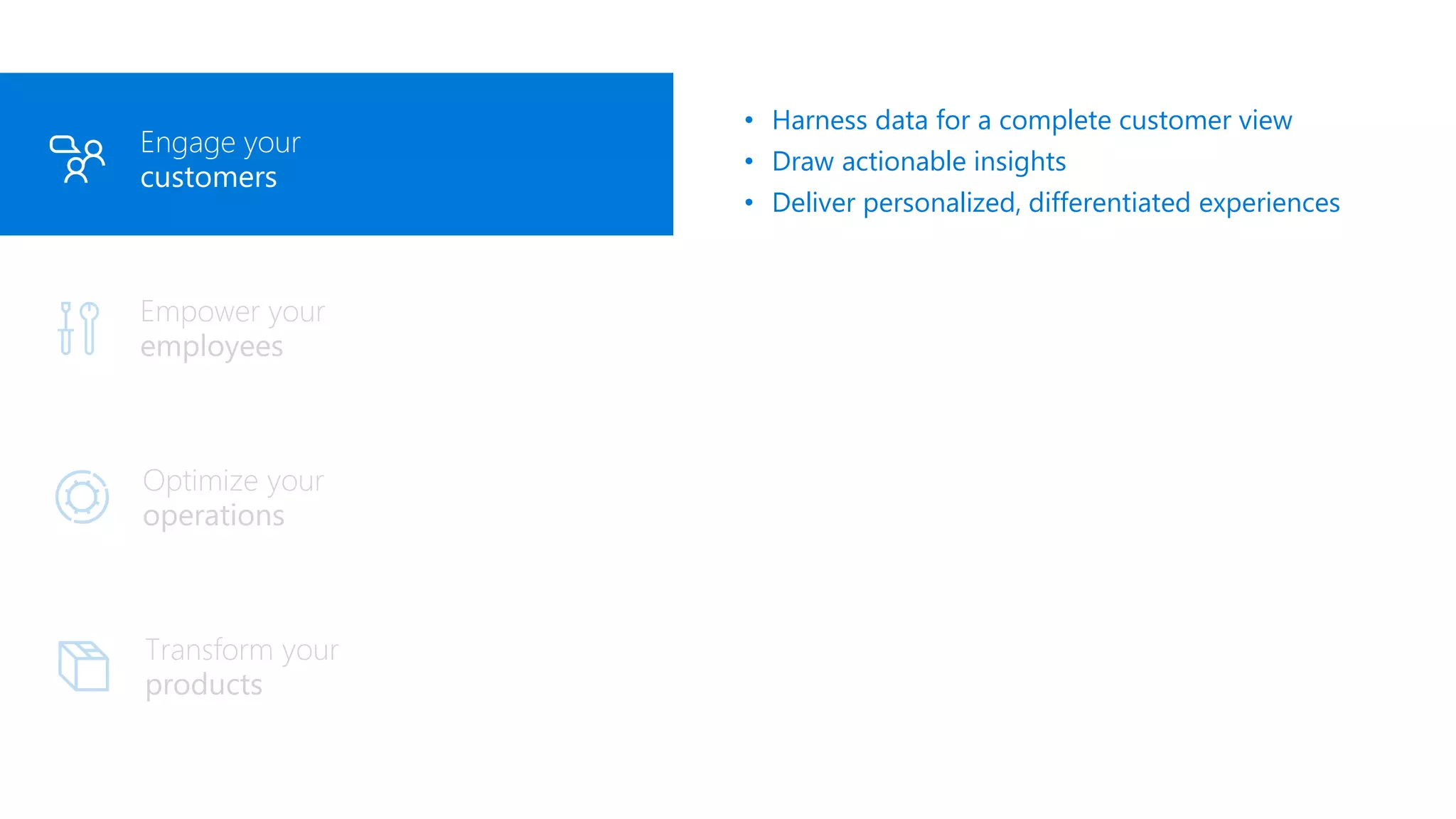 Engage your
customers
Engage your
customers
• Harness data for a complete customer view
• Draw actionable insights
• Deliver personalized, differentiated experiences
 