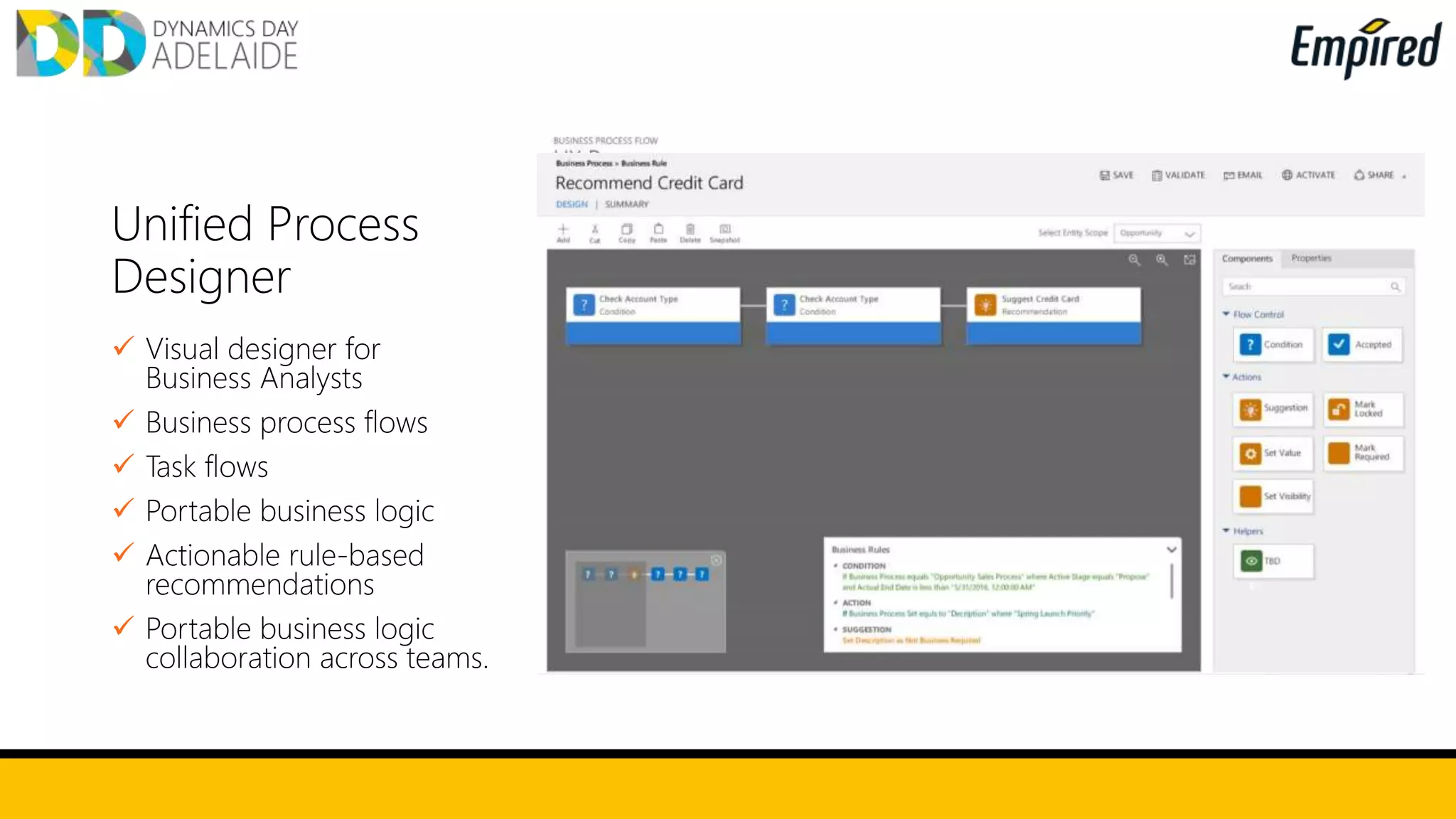 Unified Process
Designer
 Visual designer for
Business Analysts
 Business process flows
 Task flows
 Portable business logic
 Actionable rule-based
recommendations
 Portable business logic
collaboration across teams.
 