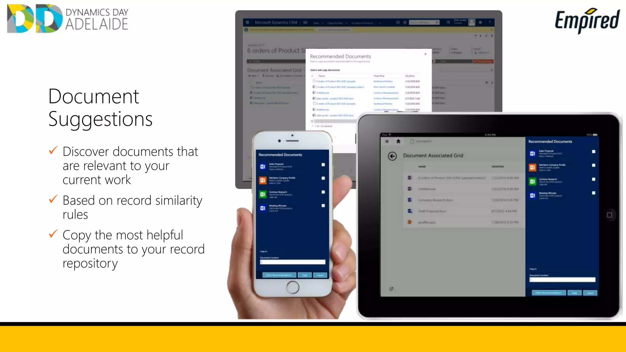 Document
Suggestions
 Discover documents that
are relevant to your
current work
 Based on record similarity
rules
 Copy the most helpful
documents to your record
repository
 