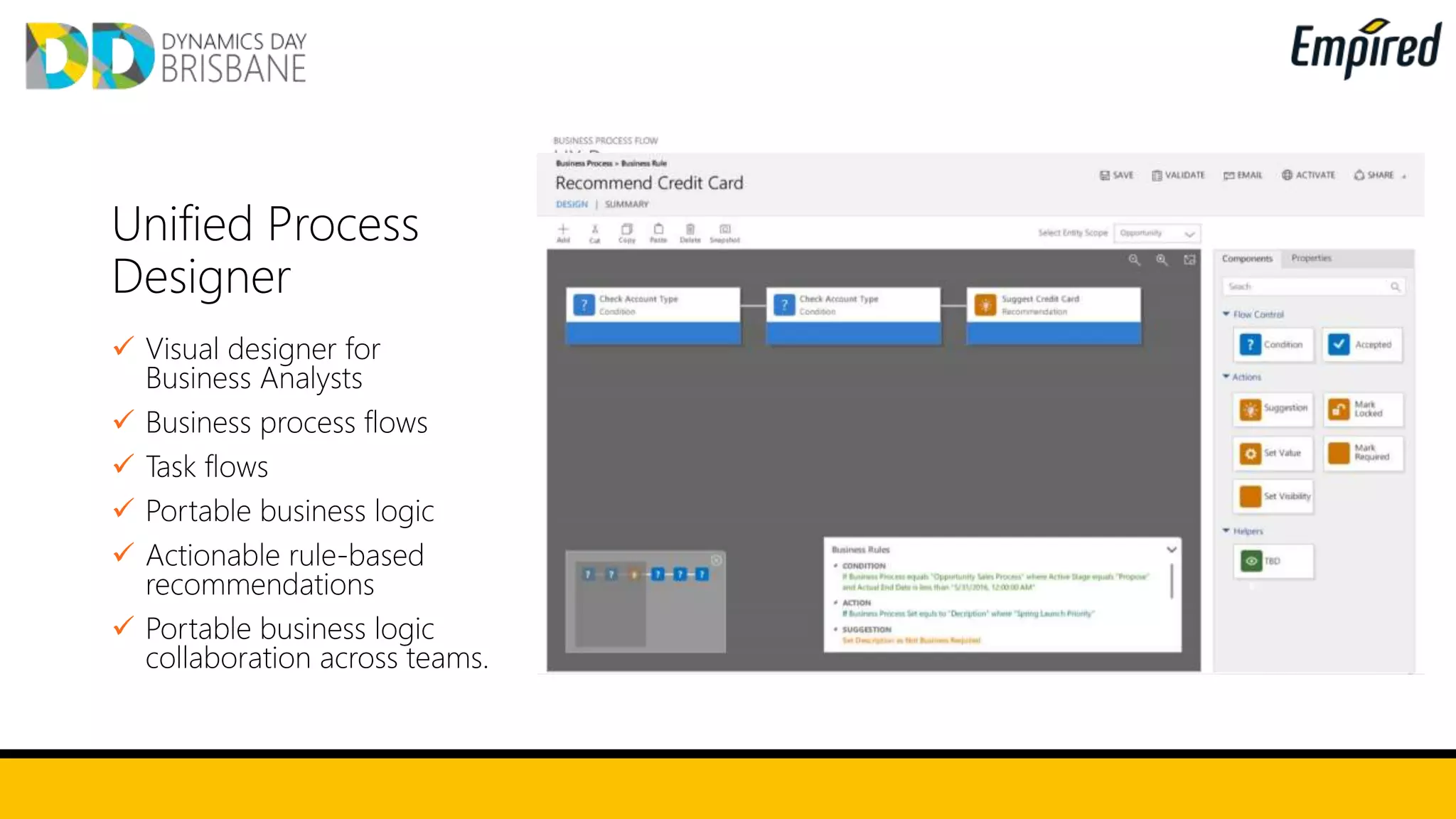 Unified Process
Designer
 Visual designer for
Business Analysts
 Business process flows
 Task flows
 Portable business logic
 Actionable rule-based
recommendations
 Portable business logic
collaboration across teams.
 