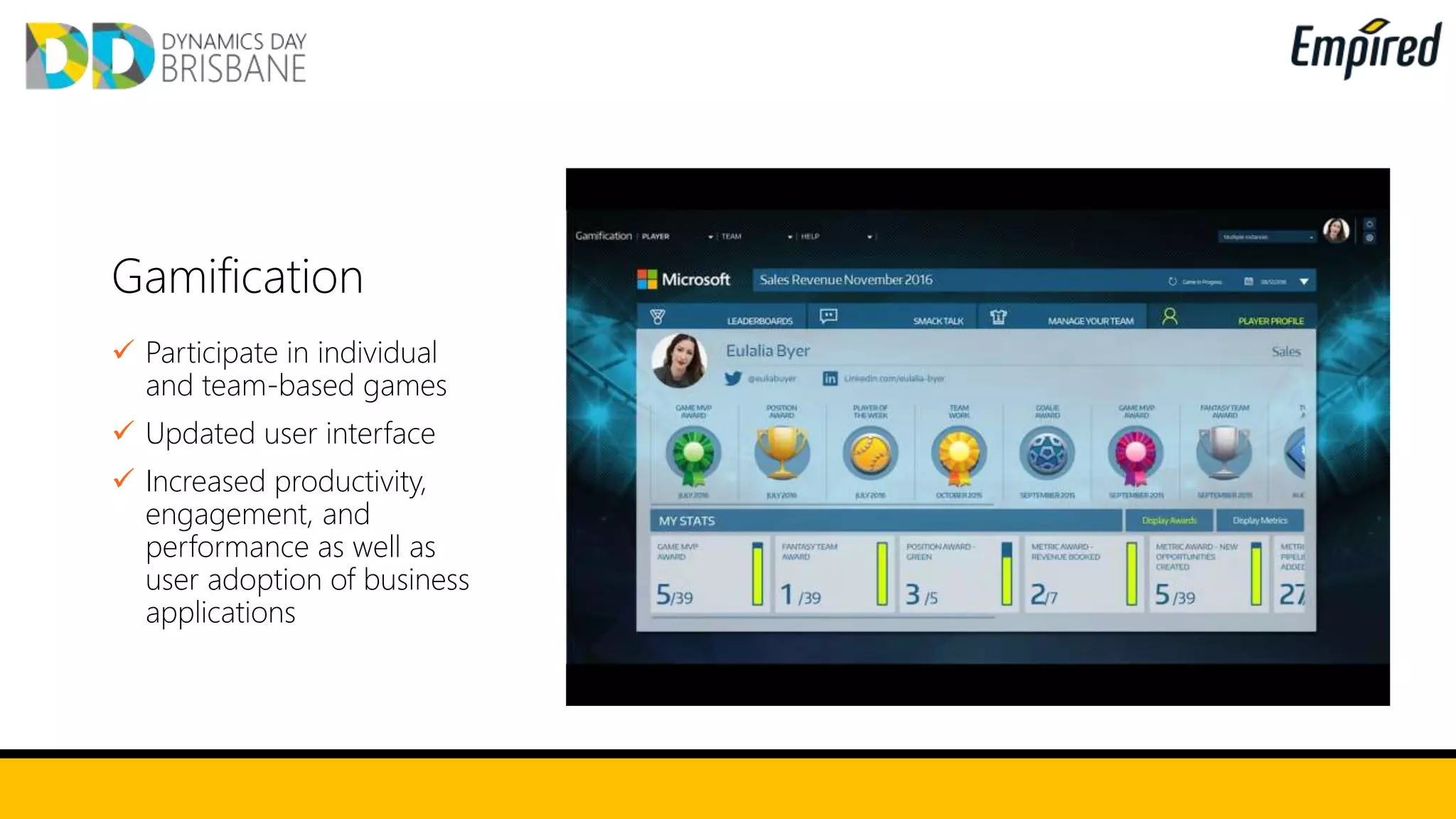 Gamification
 Participate in individual
and team-based games
 Updated user interface
 Increased productivity,
engagement, and
performance as well as
user adoption of business
applications
 