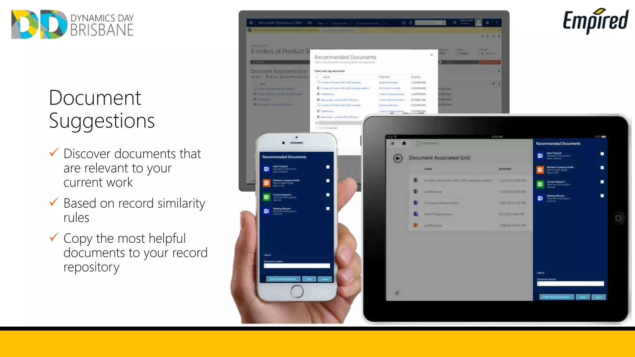 Document
Suggestions
 Discover documents that
are relevant to your
current work
 Based on record similarity
rules
 Copy the most helpful
documents to your record
repository
 