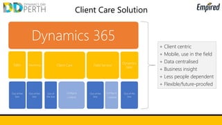 1. The lead is auto-assigned to Suzana.
• Lead routed through workflow in D365 and
Opportunity record raised.
2. Suzana initiates a follow up call using the contact details
provided by Laura when registering.
• With D365 using Skype for Business and the
Click-to-Call feature.
3. During the call, Suzana records additional specifics on
Adam and his condition in the system.
• The call is automatically logged as an
interaction in D365.
Suzana George
Assessor
Follow-up
 