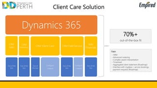 1. Sue notices that a new service booking has been assigned to her.
• Through the D365 Field Service mobile app (available on
tablets and phone devices).
2. Sue accesses case notes as well as booking information such as the
address. The maps feature on her device provides turn-by-turn
navigation to Laura’s residence.
• Maps integration provided by the Field Service app.
3. Sue works through a pre-defined assessment checklist which allows
her to log case notes against each assessment criteria.
• Using the Service Task feature.
Sue Smith
Therapist
In-home assessment
 