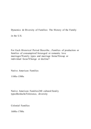 Dynamics & Diversity of Families: The History of the Family
in the U.S.
For Each Historical Period Describe…Families of production or
families of consumption?Arranged or romantic love
marriages?Family types and marriage forms?Group or
individual focus?Change or decline?
Native American Families
1100s-1500s
Native American Families240 cultural/family
typesBerdacheTolerance, diversity
Colonial Families
1600s-1700s
 