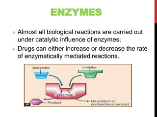 ENZYMES
 Almost all biological reactions are carried out
under catalytic influence of enzymes;
 Drugs can either increase or decrease the rate
of enzymatically mediated reactions.
 