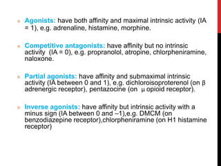  Agonists: have both affinity and maximal intrinsic activity (IA
= 1), e.g. adrenaline, histamine, morphine.
 Competitive antagonists: have affinity but no intrinsic
activity (IA = 0), e.g. propranolol, atropine, chlorpheniramine,
naloxone.
 Partial agonists: have affinity and submaximal intrinsic
activity (IA between 0 and 1), e.g. dichloroisoproterenol (on β
adrenergic receptor), pentazocine (on μ opioid receptor).
 Inverse agonists: have affinity but intrinsic activity with a
minus sign (IA between 0 and –1),e.g. DMCM (on
benzodiazepine receptor),chlorpheniramine (on H1 histamine
receptor)
 