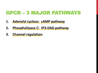 GPCR – 3 MAJOR PATHWAYS
1. Adenylyl cyclase: cAMP pathway
2. Phospholipase C: IP3-DAG pathway
3. Channel regulation
 