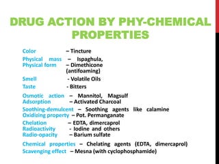 DRUG ACTION BY PHY-CHEMICAL
PROPERTIES
Color – Tincture
Physical mass – Ispaghula,
Physical form – Dimethicone
(antifoaming)
Smell - Volatile Oils
Taste - Bitters
Osmotic action – Mannitol, Magsulf
Adsorption – Activated Charcoal
Soothing-demulcent – Soothing agents like calamine
Oxidizing property – Pot. Permanganate
Chelation – EDTA, dimercaprol
Radioactivity - Iodine and others
Radio-opacity – Barium sulfate
Chemical properties – Chelating agents (EDTA, dimercaprol)
Scavenging effect – Mesna (with cyclophosphamide)
 