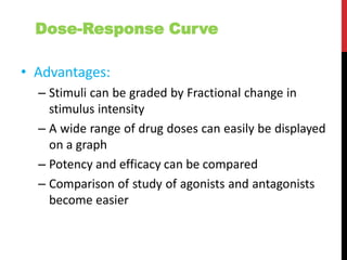 Dose-Response Curve
• Advantages:
– Stimuli can be graded by Fractional change in
stimulus intensity
– A wide range of drug doses can easily be displayed
on a graph
– Potency and efficacy can be compared
– Comparison of study of agonists and antagonists
become easier
 