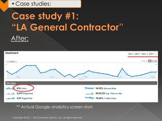 • Case studies:




After:




   ** Actual Google analytics screen shot.

Copyright © 2011 - 2012 Dynamic Search, LLC, all rights reserved
 