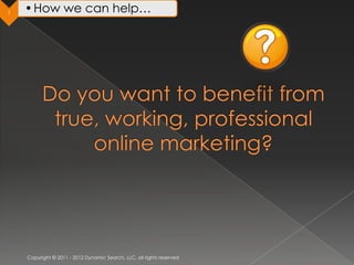 1   • How we can help…




    Copyright © 2011 - 2012 Dynamic Search, LLC, all rights reserved
 