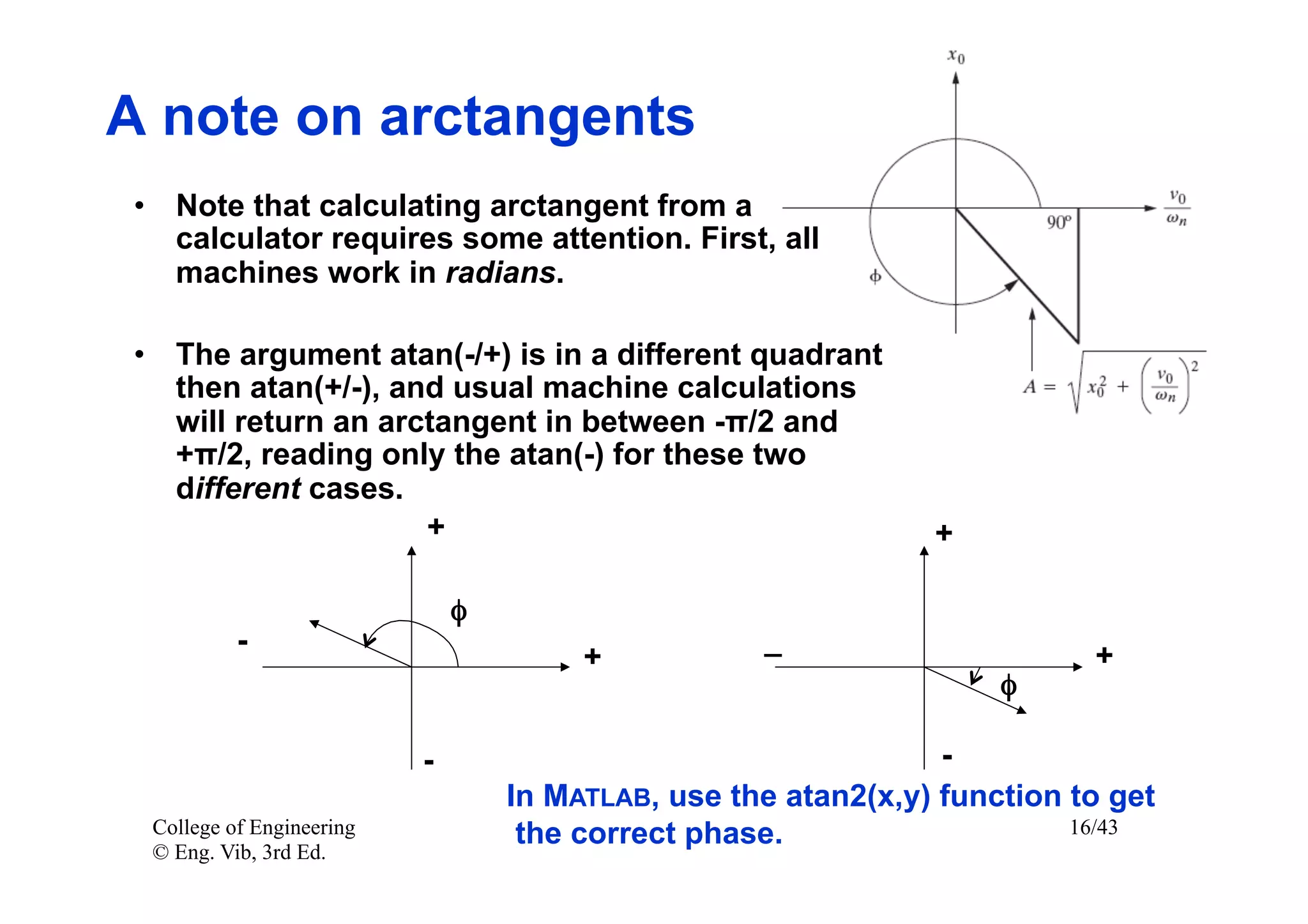 A note on arctangents
•  Note that calculating arctangent from a
   calculator requires some attention. First, all
   machines work in radians.

•  The argument atan(-/+) is in a different quadrant
   then atan(+/-), and usual machine calculations
   will return an arctangent in between -π/2 and
   +π/2, reading only the atan(-) for these two
   different cases.
                     +                                            +

                              φ	

          -                   	

                     _                       +
                                          +
                                                                       φ	


                          -                                        -
                                     In MATLAB, use the atan2(x,y) function to get
 College of Engineering               the correct phase.                    16/43
 © Eng. Vib, 3rd Ed.
 