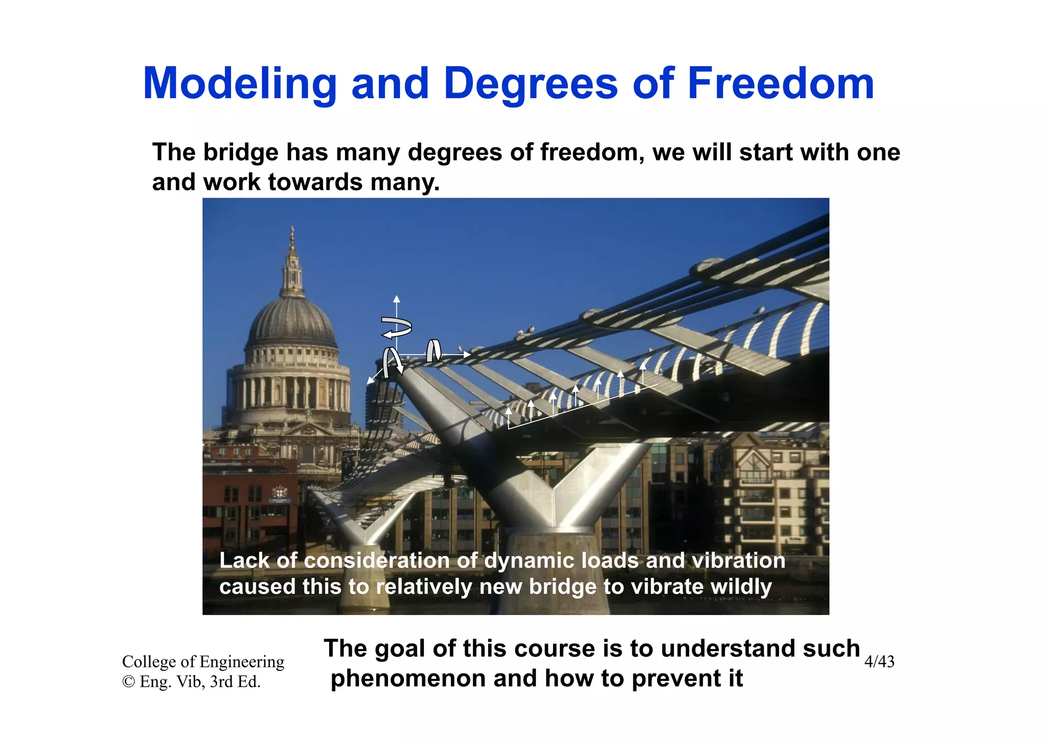 Modeling and Degrees of Freedom
    The bridge has many degrees of freedom, we will start with one
    and work towards many.




             Lack of consideration of dynamic loads and vibration
             caused this to relatively new bridge to vibrate wildly


College of Engineering
                         The goal of this course is to understand such 4/43
© Eng. Vib, 3rd Ed.      phenomenon and how to prevent it
 