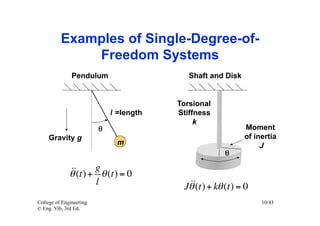 Examples of Single-Degree-of-
              Freedom Systems
               Pendulum                        Shaft and Disk


                                            Torsional
                                l =length   Stiffness
                                                 k
                         θ	

                                   Moment
     Gravity g                                                  of inertia
                                 m                                   J
                                                         θ	


              (t) + g θ (t) = 0
              θ
                      l                       
                                             Jθ (t) + kθ (t) = 0
College of Engineering                                               10/43
© Eng. Vib, 3rd Ed.
 