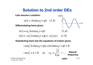 Solution to 2nd order DEs
      Lets assume a solution:                        x(t)
                   x (t ) = A sin(ωnt + φ ) (1.3)
                                                                               t
       Differentiating twice gives:

            
            x (t) = ω n A cos(ω n t + φ )               (1.4)
             = −ω n Asin(ω n t + φ ) = -ω n x(t)
            x(t)    2                       2
                                                       (1.5)
       Substituting back into the equations of motion gives:
                     2
                  −mωn A sin(ωnt + φ ) + kA sin(ωnt + φ ) = 0
                         2                       k                Natural
                  −mω + k = 0
                         n            or    ωn =
                                                 m              frequency
College of Engineering                                  rad/s          11/43
© Eng. Vib, 3rd Ed.
 