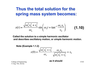 Thus the total solution for the
      spring mass system becomes:

              2 2     2
            ω n x0 + v0     ⎛            −1 ω n x0 ⎞
     x(t) =             sin ⎜ ω nt + tan                          (1.10)
               ωn           ⎝                v0 ⎟ ⎠
  Called the solution to a simple harmonic oscillator
  and describes oscillatory motion, or simple harmonic motion.

       Note (Example 1.1.2)
                                  2 2     2
                                ω n x0 + v0    ω n x0
                         x(0) =                             = x0
                                   ωn           2 2     2
                                              ω n x0 + v0

College of Engineering                   as it should                 15/43
© Eng. Vib, 3rd Ed.
 