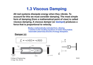1.3 Viscous Damping
    All real systems dissipate energy when they vibrate. To
    account for this we must consider damping. The most simple
    form of damping (from a mathematical point of view) is called
    viscous damping. A viscous damper (or dashpot) produces a
    force that is proportional to velocity.
                         Mostly a mathematically motivated form, allowing
                         a solution to the resulting equations of motion that predicts
                         reasonable (observed) amounts of energy dissipation.
      Damper (c)

                              
              fc = −cv(t) = −cx (t)                                        x




                                                                   fc

College of Engineering                                                                   30/43
© Eng. Vib, 3rd Ed.
 