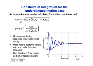 Constants of integration for the
                  underdamped motion case
As before A and ϕ can be calculated from initial conditions (t=0),
               1
       A=               (v0 + ζωn x0 )2 + (x0ω d ) 2
             ωd
              ⎛ x0ω d ⎞
                   −1
      φ = tan ⎜             ⎟
              ⎝ v0 + ζωn x0 ⎠                             1

•  Gives an oscillating
                                                          0.5
   response with exponential

                                           Displacement
   decay
                                                            0
•  Most natural systems vibrate
   with and underdamped
                                                          -0.5
   response
•  See Window 1.5 for details
                                                           -1
   and other representations                                     0   1   2        3   4           5
 College of Engineering                                                  Time (sec)       40/43
 © Eng. Vib, 3rd Ed.
 