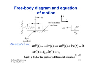 Free-body diagram and equation
               of motion




• Newton’s Law:
                          m = −kx(t) ⇒ m + kx(t) = 0
                            x(t)                 x(t)
                                      
                          x(0) = x0 , x (0) = v0
                                                                      (1.2)
                   Again a 2nd order ordinary differential equation
College of Engineering                                                  8/43
© Eng. Vib, 3rd Ed.
 