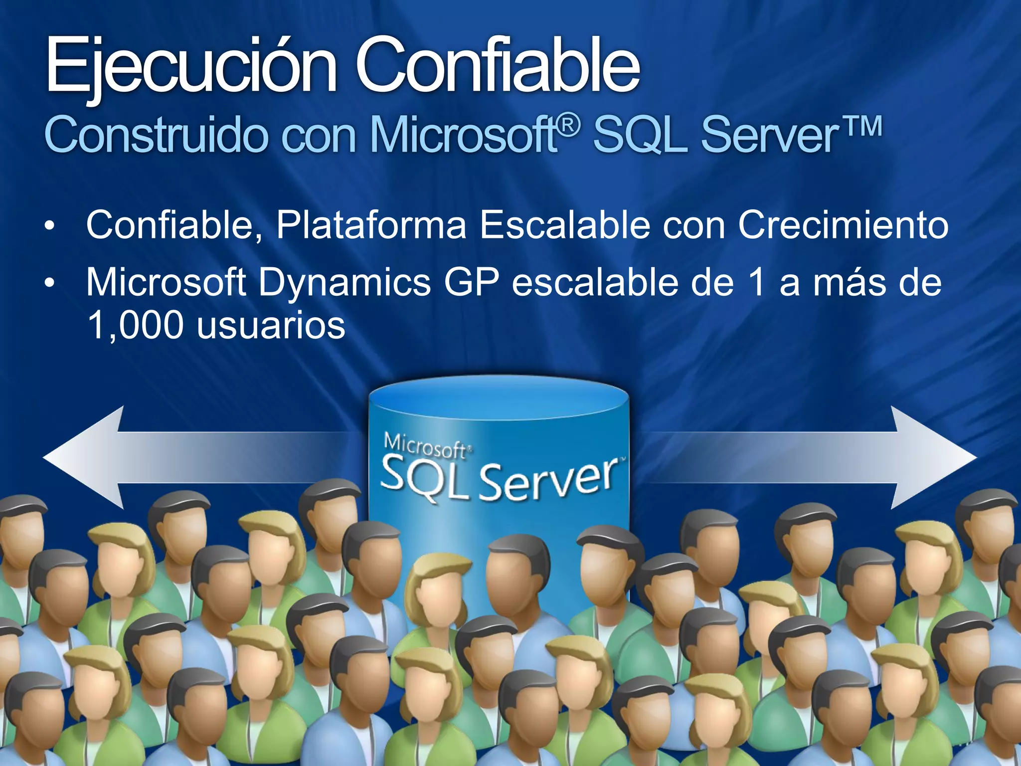 Ejecución Confiable
Construido con Microsoft® SQL Server™
• Confiable, Plataforma Escalable con Crecimiento
• Microsoft Dynamics GP escalable de 1 a más de
  1,000 usuarios
 