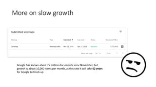 More on slow growth
Google has known about 7+ million documents since November, but
growth is about 10,000 items per month, at this rate it will take 62 years
for Google to finish up
 