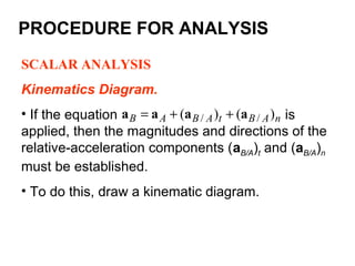 SCALAR ANALYSIS
Kinematics Diagram.
• If the equation is
applied, then the magnitudes and directions of the
relative-acceleration components (aB/A)t and (aB/A)n
must be established.
• To do this, draw a kinematic diagram.
nABtABAB )()( // aaaa ++=
PROCEDURE FOR ANALYSIS
 