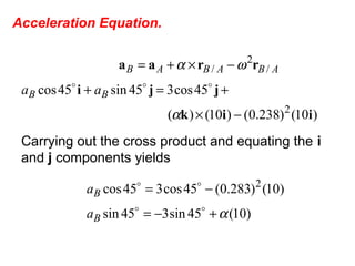Acceleration Equation.
)10()238.0()10()(
45cos345sin45cos
2
/
2
/
iik
jji
rraa
−×
+=+
−×+=
α
ωα

BB
ABABAB
aa
Carrying out the cross product and equating the i
and j components yields
)10(45sin345sin
)10()283.0(45cos345cos 2
α+−=
−=


B
B
a
a
 