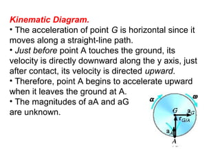 Kinematic Diagram.
• The acceleration of point G is horizontal since it
moves along a straight-line path.
• Just before point A touches the ground, its
velocity is directly downward along the y axis, just
after contact, its velocity is directed upward.
• Therefore, point A begins to accelerate upward
when it leaves the ground at A.
• The magnitudes of aA and aG
are unknown.
 