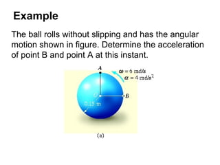 Example
The ball rolls without slipping and has the angular
motion shown in figure. Determine the acceleration
of point B and point A at this instant.
 