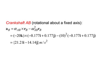 Crankshaft AB (rotational about a fixed axis):
2
2
2
/}14.1421.21{
)177.0177.0()10()177.0177.0()20(
sm
BABBABB
ji
jijik
rra
−=
+−−+−×−=
−×= ωα
 
