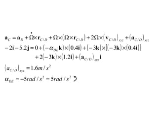 ( ) ( ) ( )
( ) ( ) ( ) ( ) ( )[ ]
( ) ( ) ( )
( )
22
2
/
/
////
/5/5
/6.1
2.132
4.0334.002.52
2
sradsrad
sma
DE
xyzDC
xyzDC
DE
xyzDCxyzDCDCDCDC
=−=
=
+×−+
×−×−+×−+=−−
+×Ω+×Ω×Ω+×Ω+=
•
α
α
iaik
ikkikji
avrraa
 