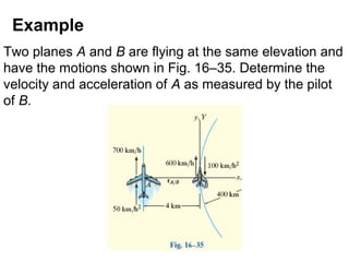 Example
Two planes A and B are flying at the same elevation and
have the motions shown in Fig. 16–35. Determine the
velocity and acceleration of A as measured by the pilot
of B.
 