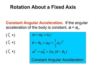 Constant Angular Acceleration. If the angular
acceleration of the body is constant, α = αc,
)(2
2
1
0
2
0
2
2
00
0
θθαωω
αωθθ
αωω
−+=
++=
+=
c
c
c
tt
t
( +)
( +)
( +)
Constant Angular Acceleration
Rotation About a Fixed Axis
 