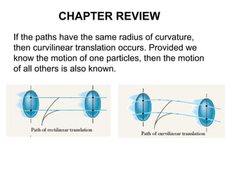 If the paths have the same radius of curvature,
then curvilinear translation occurs. Provided we
know the motion of one particles, then the motion
of all others is also known.
CHAPTER REVIEW
 
