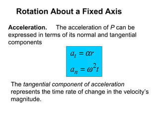 Acceleration. The acceleration of P can be
expressed in terms of its normal and tangential
components
ta
ra
n
t
2
ω
α
=
=
The tangential component of acceleration
represents the time rate of change in the velocity’s
magnitude.
Rotation About a Fixed Axis
 