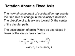 The normal component of acceleration represents
the time rate of change in the velocity’s direction.
The direction of an is always toward O, the center
of the circular path.
The acceleration of point P may be expressed in
terms of the vector cross product.
)( pp
p
p
dt
d
dt
d
dt
d
a
rr
r
r
v
××+×=
×+×==
ωωα
ω
ω
Rotation About a Fixed Axis
 
