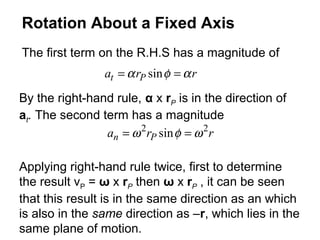 The first term on the R.H.S has a magnitude of
rra Pt αφα == sin
By the right-hand rule, α x rP is in the direction of
at. The second term has a magnitude
rra Pn
22
sin ωφω ==
Applying right-hand rule twice, first to determine
the result vP = ω x rP then ω x rP , it can be seen
that this result is in the same direction as an which
is also in the same direction as –r, which lies in the
same plane of motion.
Rotation About a Fixed Axis
 