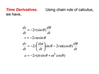 Time Derivatives. Using chain rule of calculus,
we have,
)cossin(2
)(cos2sin2
sin2
)(sin2
2
θωθα
θ
θωθ
ω
θω
θ
θ
+−=
−




−=
−=
−=
ra
dt
d
r
dt
d
r
dt
dv
rv
dt
d
r
dt
dx
 