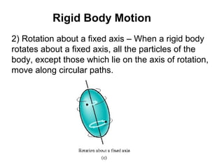 2) Rotation about a fixed axis – When a rigid body
rotates about a fixed axis, all the particles of the
body, except those which lie on the axis of rotation,
move along circular paths.
Rigid Body Motion
 