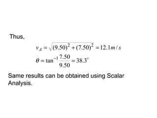 Thus,

3.38
50.9
50.7
tan
/1.12)50.7()50.9(
1
22
==
=+=
−
θ
smvA
Same results can be obtained using Scalar
Analysis.
 