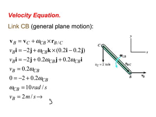 Velocity Equation.
Link CB (general plane motion):
→=
=
+−=
=
++−=
−×+−=
×+=
smv
srad
v
v
v
B
CB
CB
CBB
CBCBB
CBB
CBCBCB
/2
/10
2.020
2.0
2.02.02
)2.02.0(2
/
ω
ω
ω
ωω
ω
ω
ijji
jikji
rvv
 