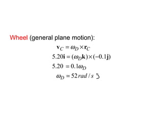 Wheel (general plane motion):
sradD
D
D
CDC
/52
1.020.5
)1.0()(20.5
=
=
−×=
×=
ω
ω
ω
ω
jki
rv
 