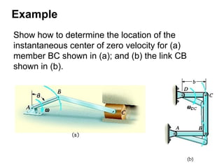 Example
Show how to determine the location of the
instantaneous center of zero velocity for (a)
member BC shown in (a); and (b) the link CB
shown in (b).
 